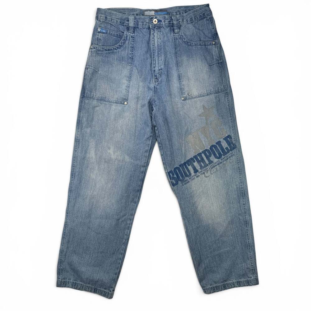 Southpole Size 36 Baggy Denim Jeans Light Wash NYC Graphic Y2K